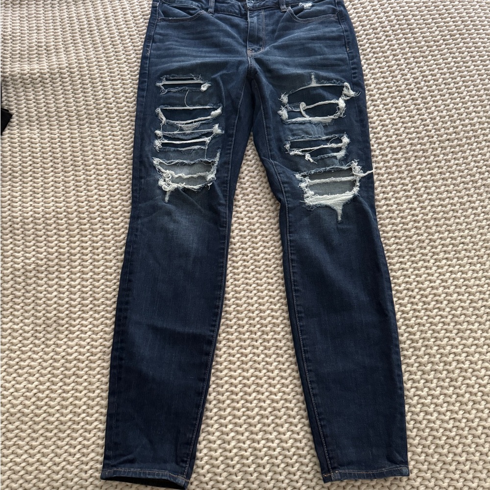 American Eagle Outfitters Dark Blue Distressed High Rise Jegging
